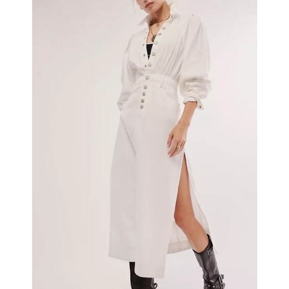 Free People Mad Love White Button Front Denim Midi Dress Size XS NWT Western - Picture 1 of 11